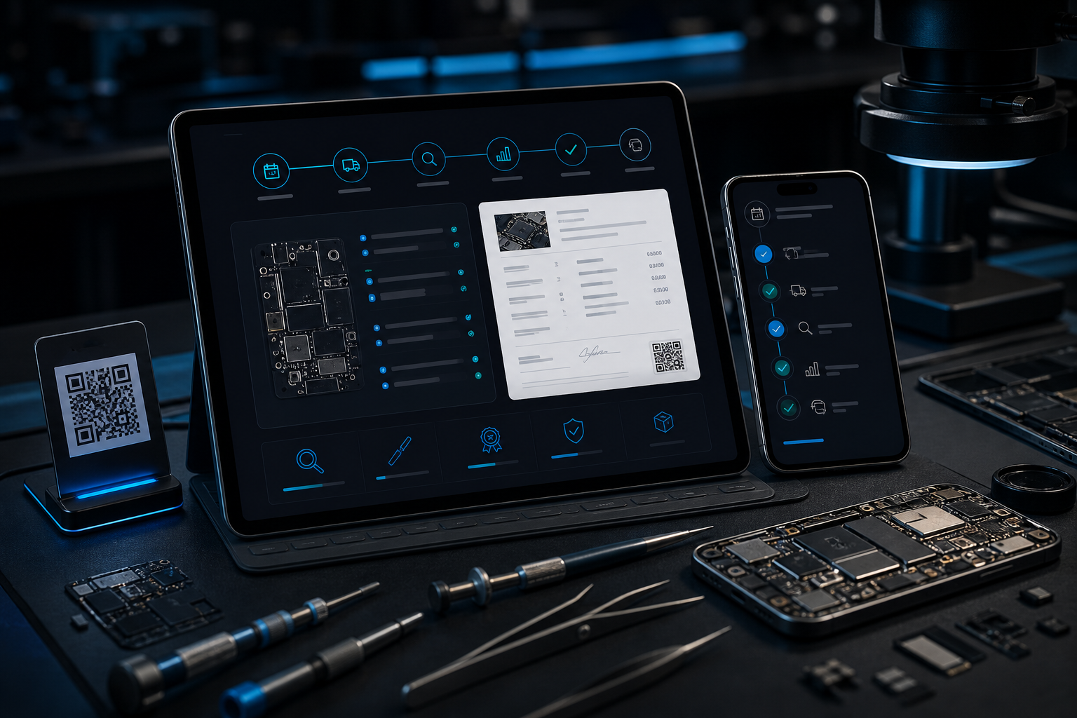 Tech2Fix repair workflow dashboard with smartphone, tablet, tools and board-level repair context